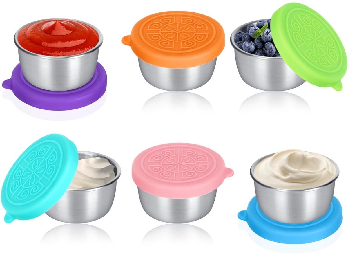 GELLDG 6 Stuks Voedingsmiddelenglazen - Uitloopvrije Dipbakjes - 50ml Edelstalen Snackboxen met Dubbele Afdichting - Geschikt voor Koelkast en Vriezer - BPA-vrij, Herbruikbaar en Afwasbaar - RVS en Siliconen - Diameter 5,5cm x Hoogte 2,5cm