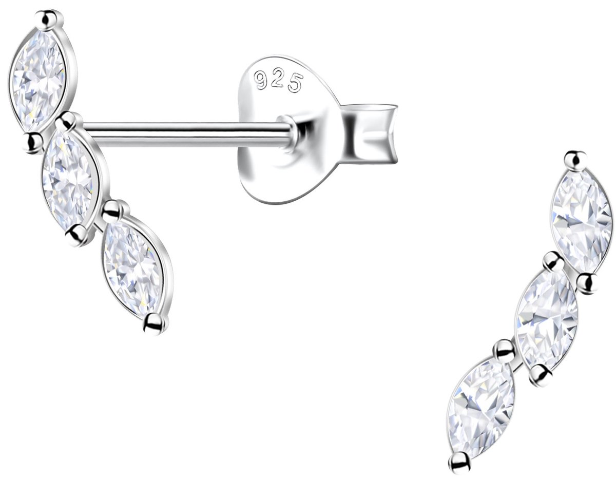 Joy|S - Zilveren elegante oorbellen - 3 x 10 mm - zirkonia marquise oorknopjes - blad - sterling zilver 925 - elegante oorknoppen voor dames - gebogen model