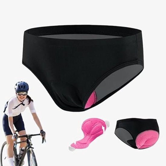 Culotte de cyclisme noire avec rembourrage rose. Insert avec rembourrage 3D et une cycliste en arrière-plan.