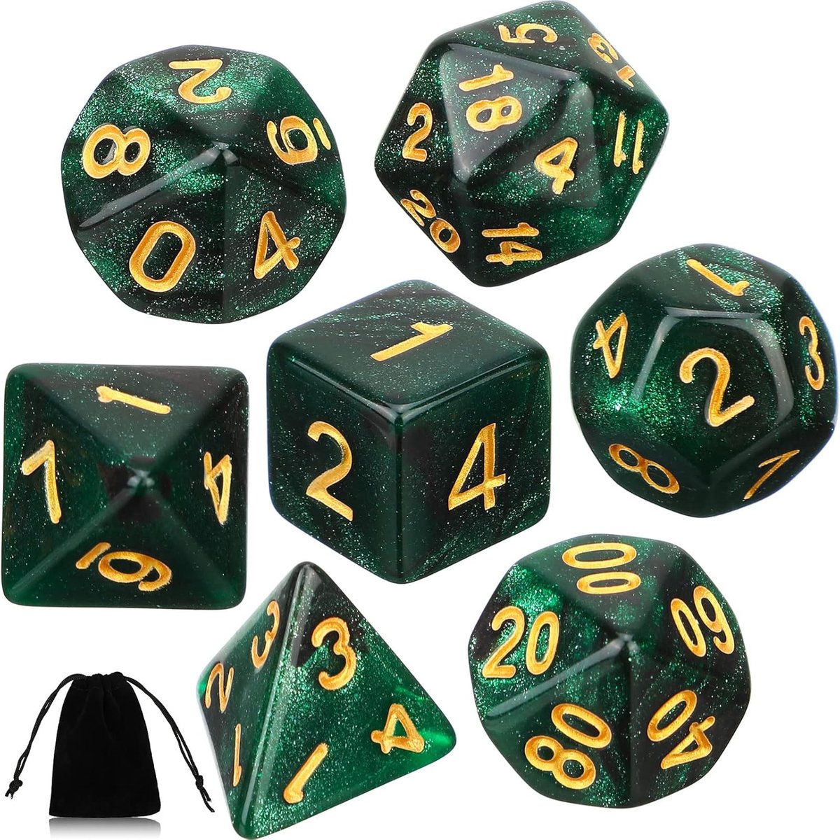 SnelShoppen - 7-delige Polyhedral DND Dobbelstenen Set met Zwarte Opbergzak voor Dungeons & Dragons en Pathfinder Rollenspellen - Groen Zwart Mist