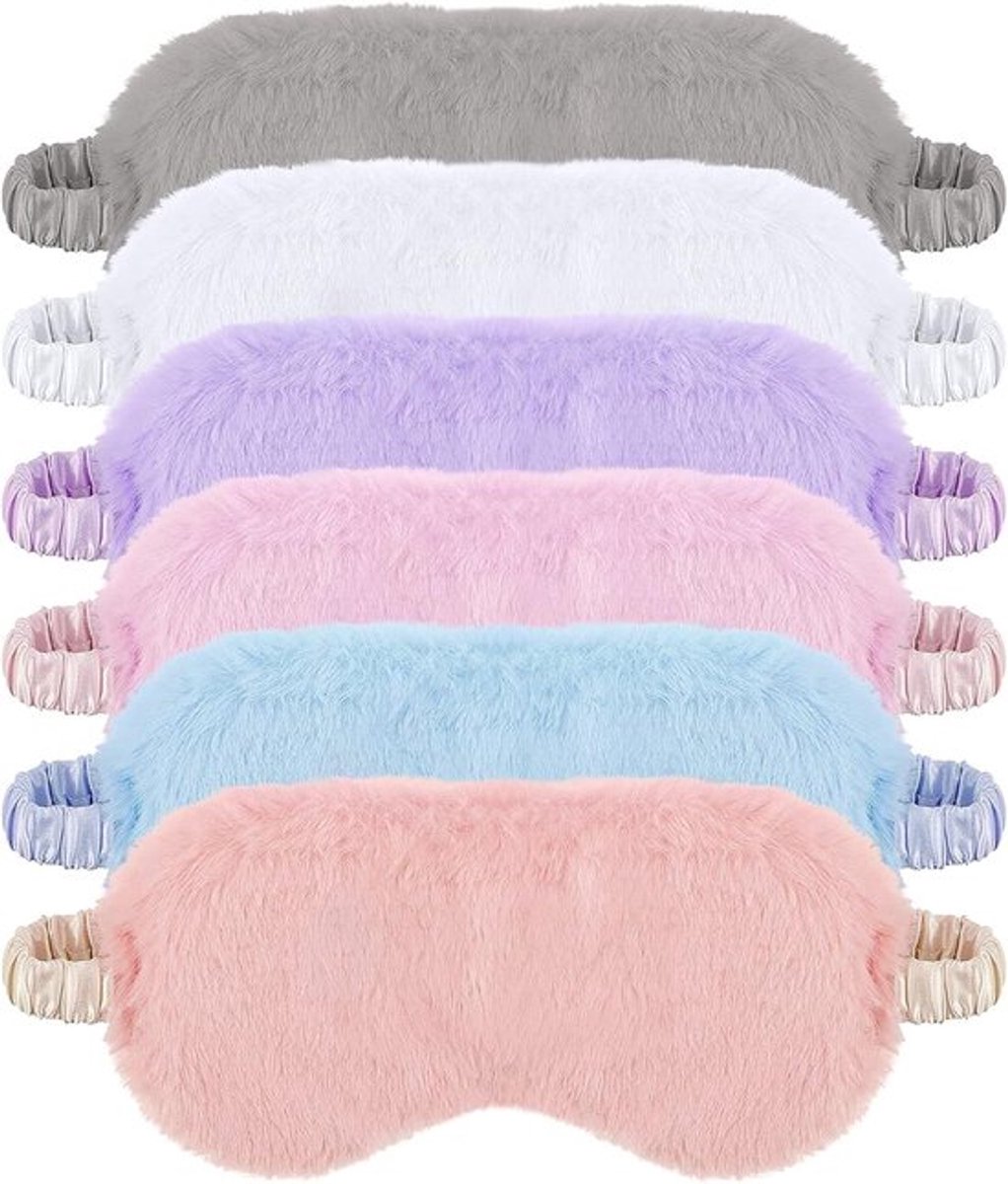 Set van 6 pluchen oogmaskers, zachte slaapmaskers, pluizige oogmaskers voor meisjes en volwassenen, feestgunsten