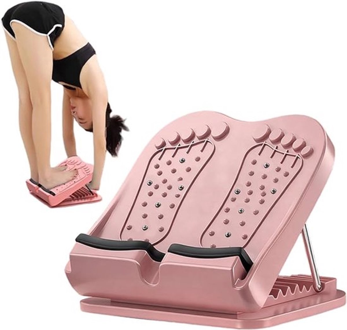 Schuine oefenbank, verstelbare kuitstrekker met magneet, achillespees-strekplank (roze).