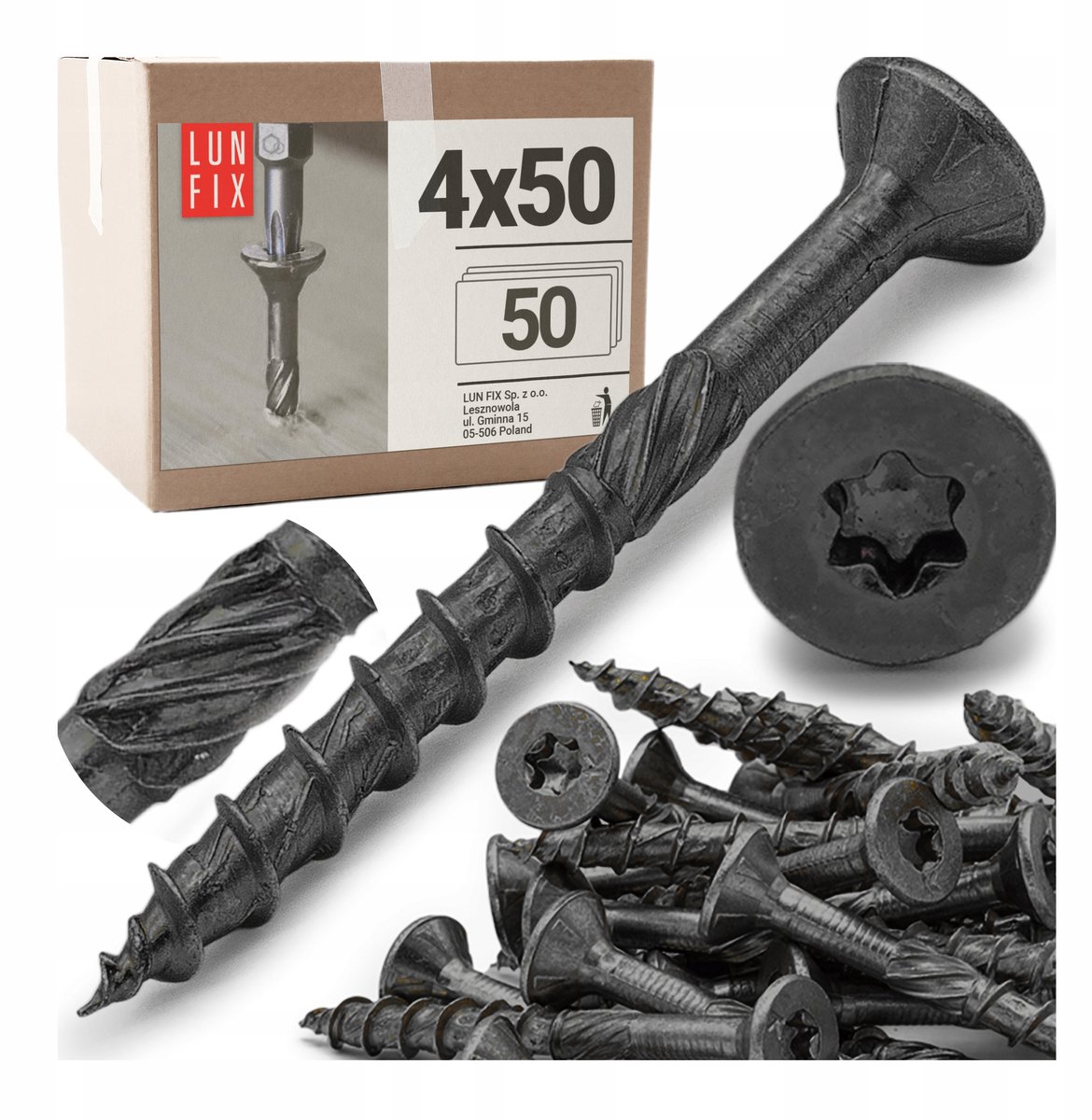 LUN FIX - Spanplattenschroeven 4x50 mm - 50 stuks - TX20 (I-Ster) - Zwart Verzinkte, Fräsgroeven