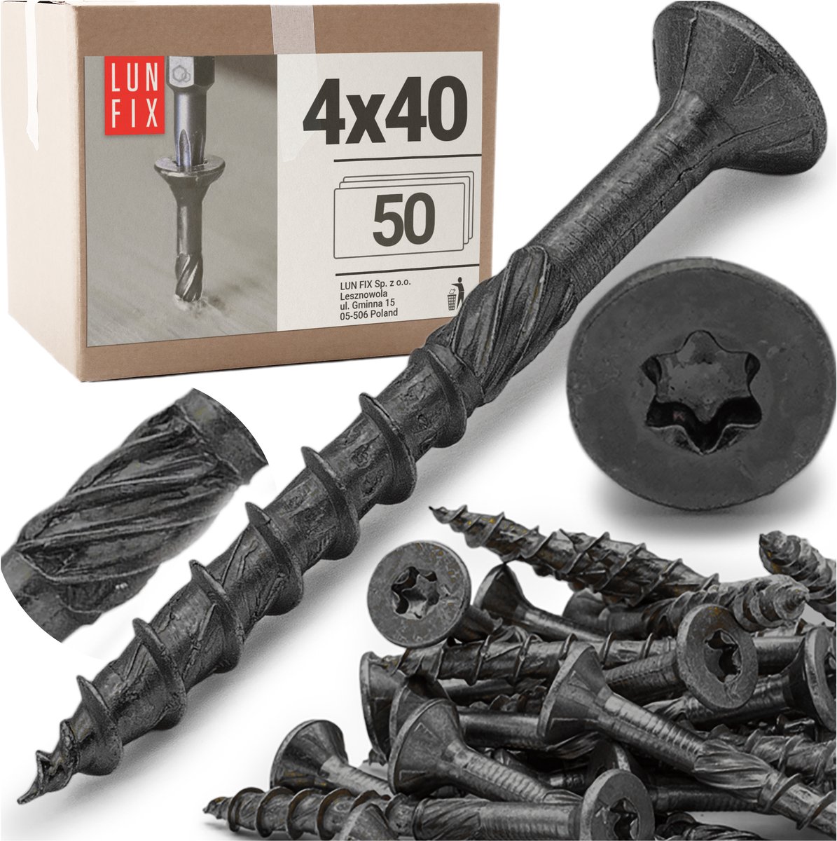 LUN FIX - Spanplattenschroeven 4x40 mm - 50 stuks - TX20 (I-Ster) - Zwart Verzinkte, Fräsgroeven