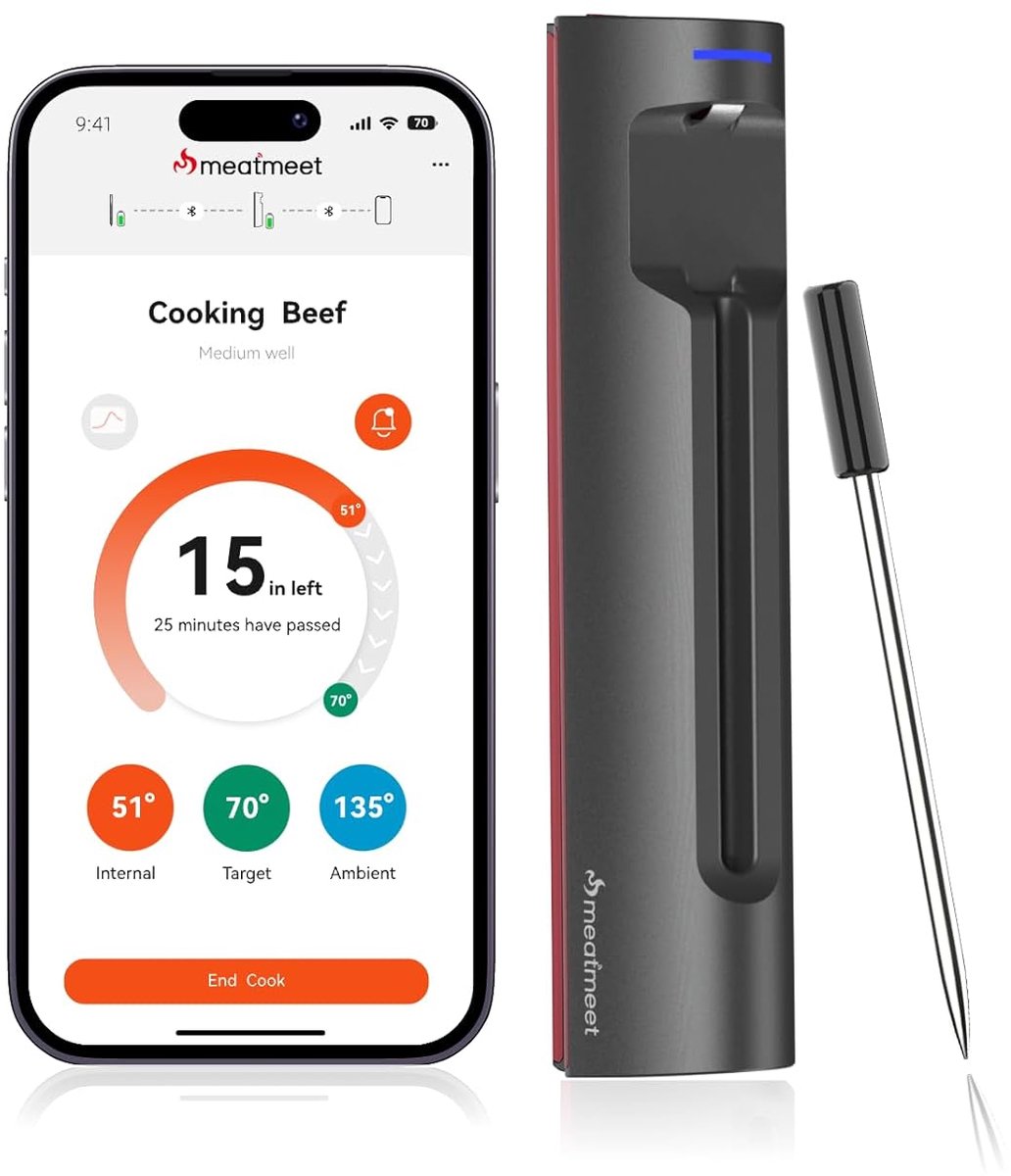 Thijox - Wifi-Vleesthermometer Draadloze Sonde met Groot Bereik voor Oven, Grill, Airfryer, Barbecue, Dubbele Sensoren, IP67 Waterdicht, Perfect voor