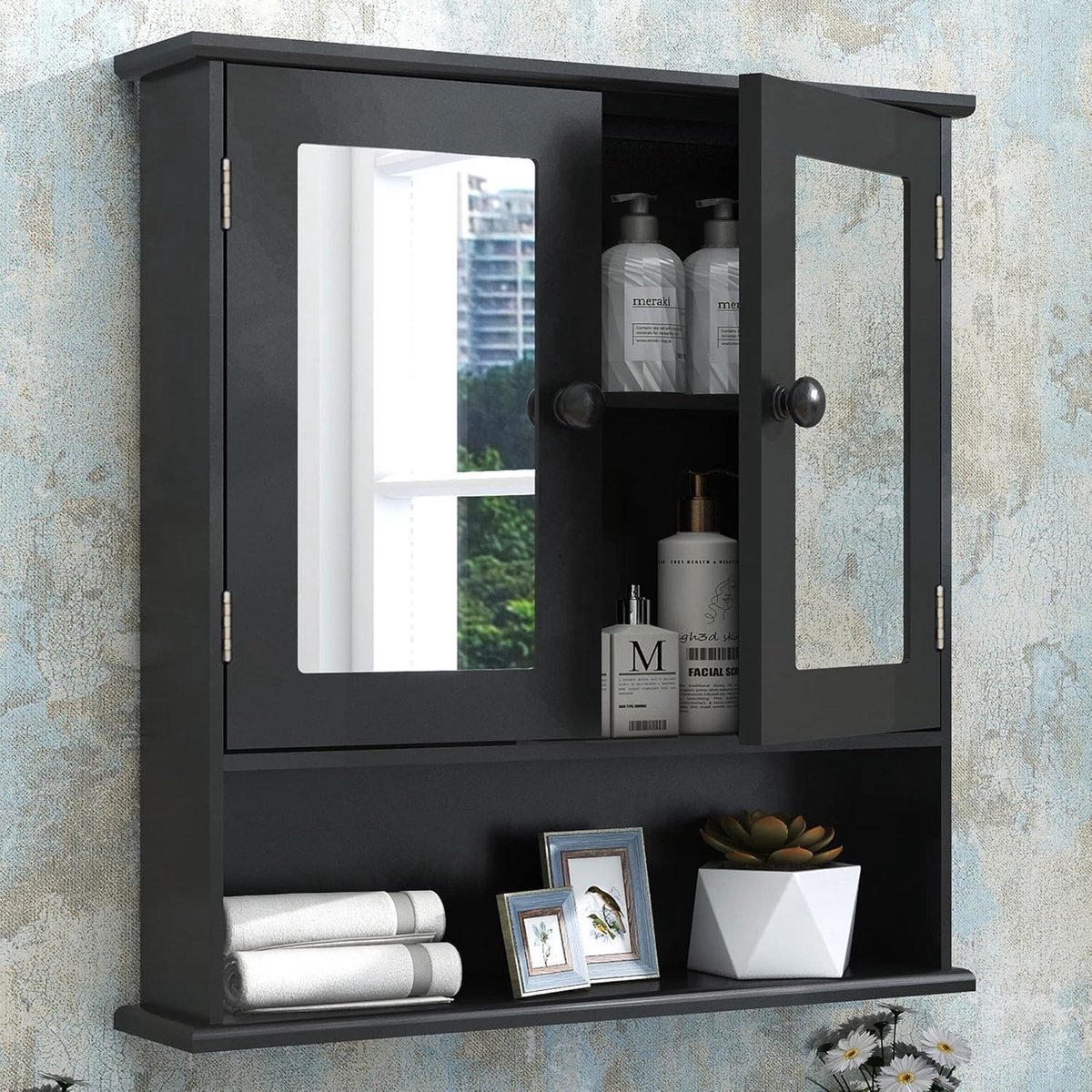 SnelShoppen - Spiegelkast Badkamerkast met 2 Spiegeldeuren en Open Vak, Houten Badkamerkast 13 x 56 x 58 cm, Zwart, Hangkast voor Badkamer, Wandkast,