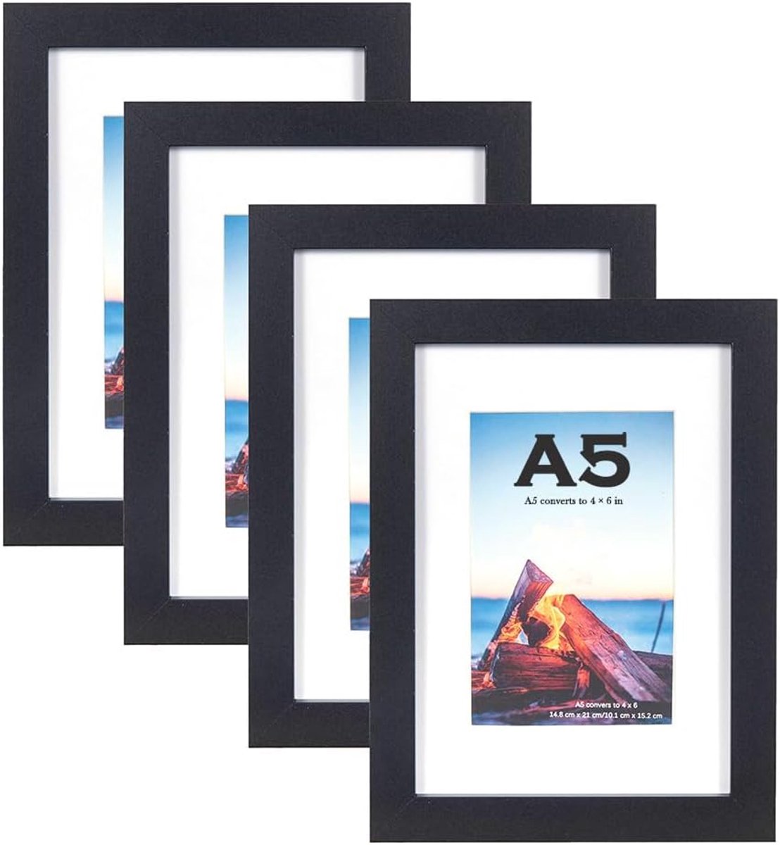 SnelShoppen - Set van 4 Zwarte A5 Fotolijsten 21x14,8 cm Houten Vrijstaand en Wandmontage voor Thuis, Feest, en Decoratie