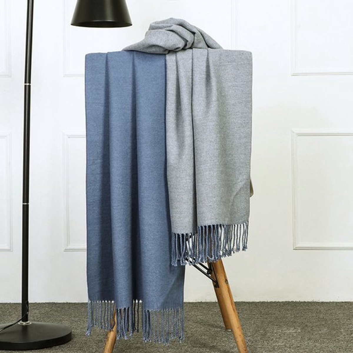 200*70CM blauw lichtgrijze dames kasjmier sjaal wollen sjaal dubbelzijdige stijl kwast winter super dikke super grote sjaal winter nieuwe warme dikke wollen sjaal