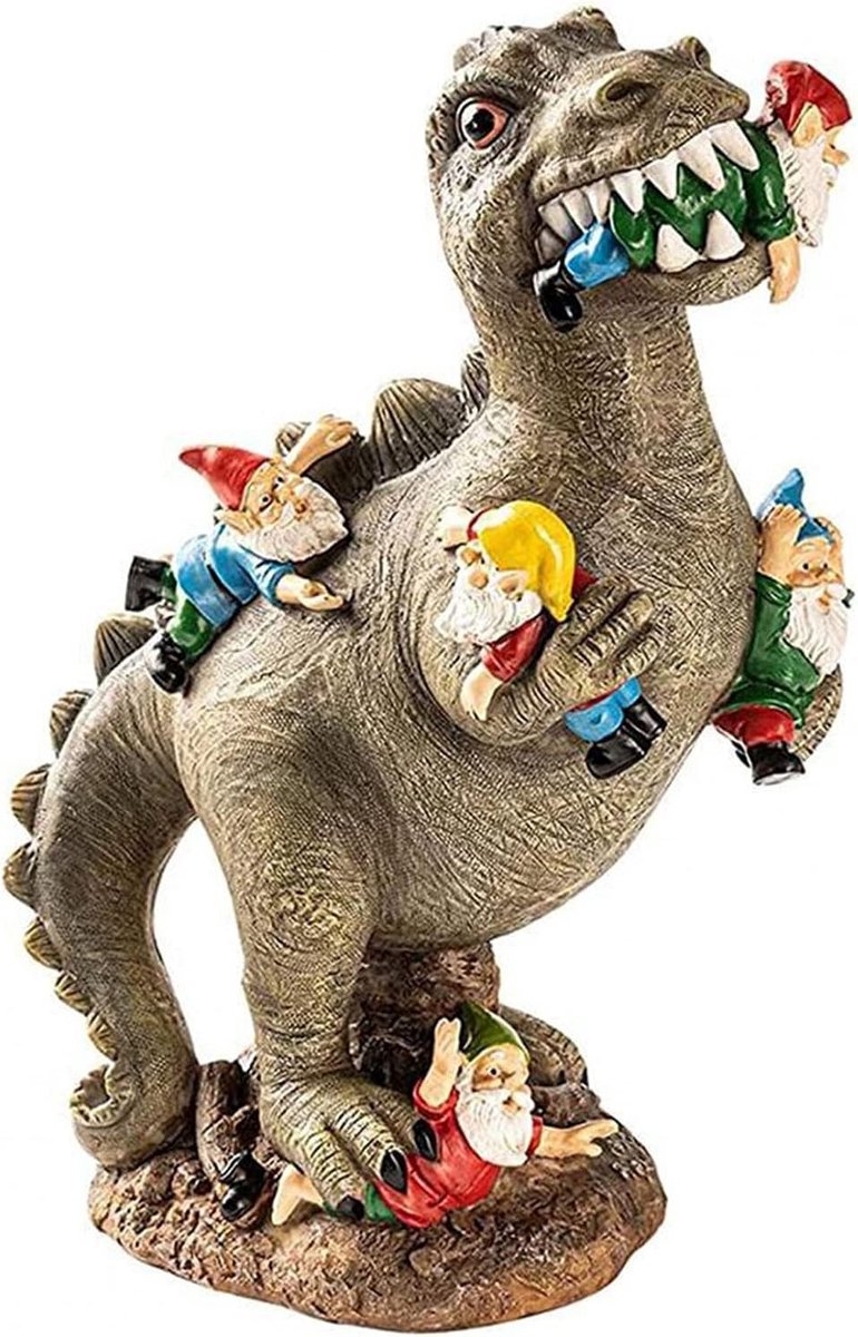 Grappige tuinbeelden van dinosaurussen en dwergen, vrolijke tuinkabouter decoratie, buiten ornament voor de tuin, unieke kunst voor je tuin en landschap