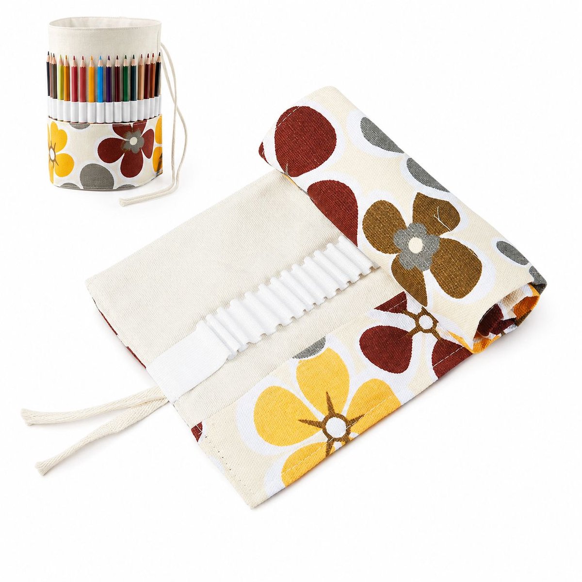 VHV-Pennenetui - Grote 48-Gats Etui met Bloemenprint voor School en Kantoor - Stijlvolle Potloodtas van Canvas - Beige en Khaki