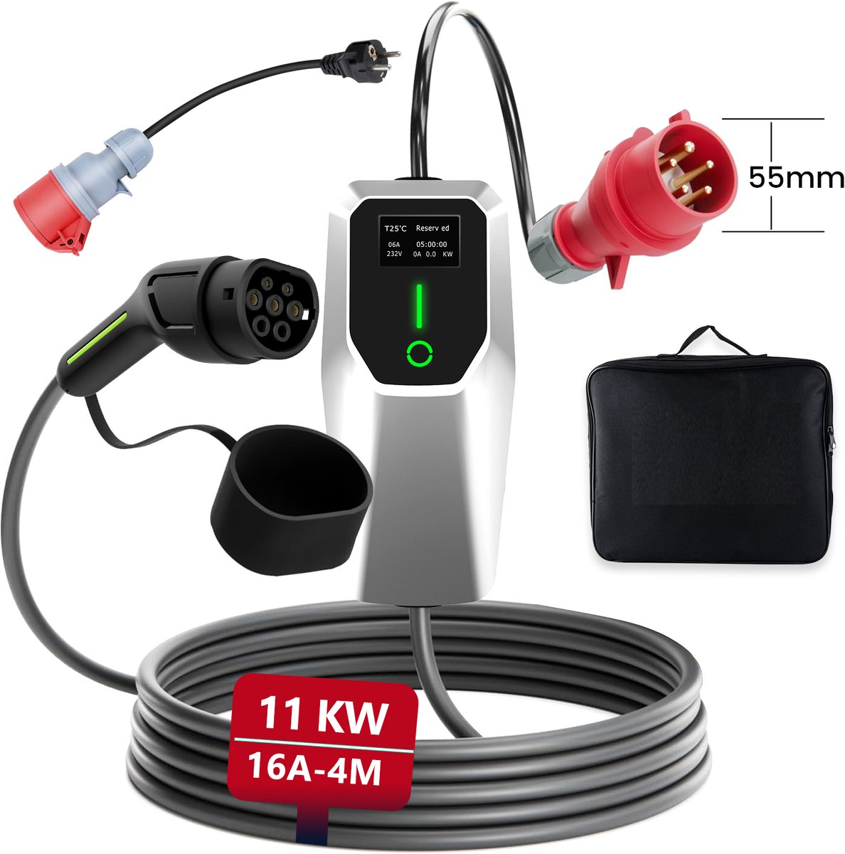 Cestovet 3.5 11KW Mobiele Thuislader - Type 2 via CEE Krachtstroom – 11KW (6A-16A, 3 Fase) – 4 Meter - Gegoten Stekkers - 6A/8A/10A/13A/16A - Schuko-adapter