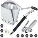 Zilverkleurige mortelspuit met zwarte handgreep, gebogen spuitmond en 5 reservemondstukken.