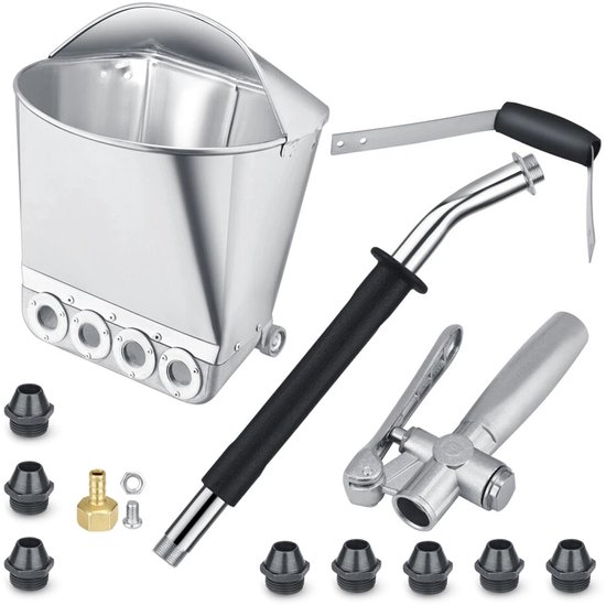 Zilverkleurige mortelspuit met zwarte handgreep, gebogen spuitmond en 5 reservemondstukken.