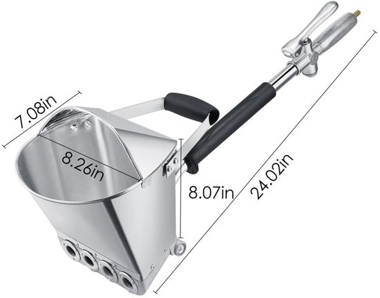 Zilverkleurige mortelspuit met afmetingen: hoogte 8,07 inch, breedte 8,26 inch, lengte 24,02 inch.