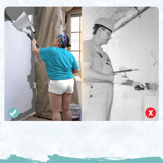 Vrouw gebruikt een mortelspeuit met goedkeuringsvinkje. Man met traditioneel gereedschap met rood kruis.