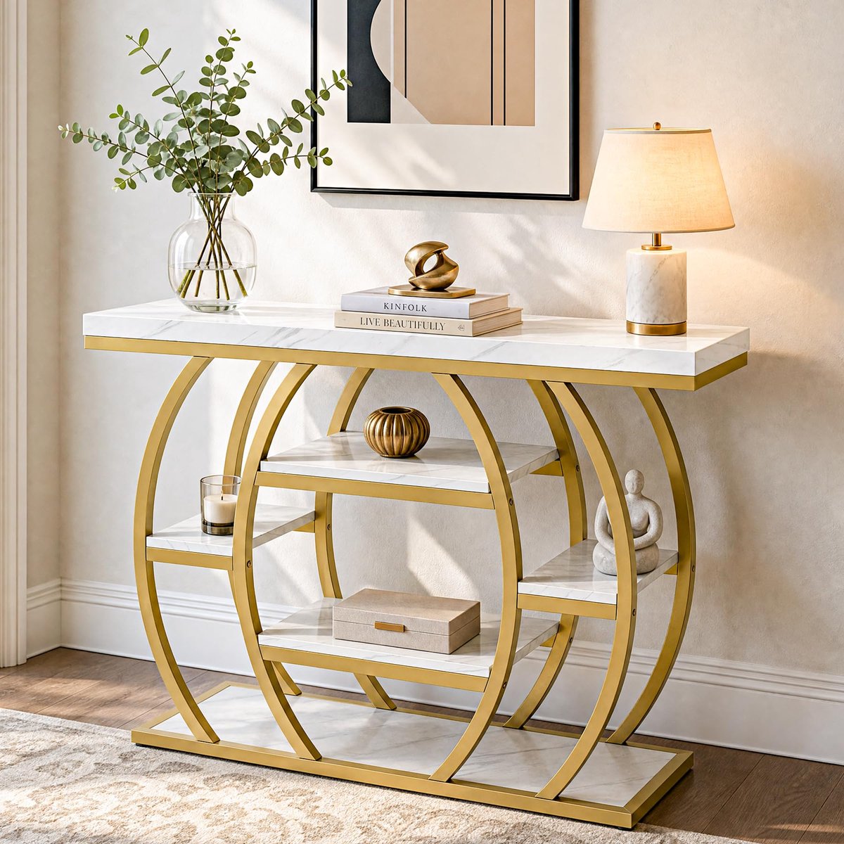 LITTLE TREE Consoletafel - Sidetable - Metaalframe & Marmerblad - Goud & Wit - Modern - 105 x 30 x 80 cm - Multifunctionele tafel - voor Entree, Hal, Woonkamer