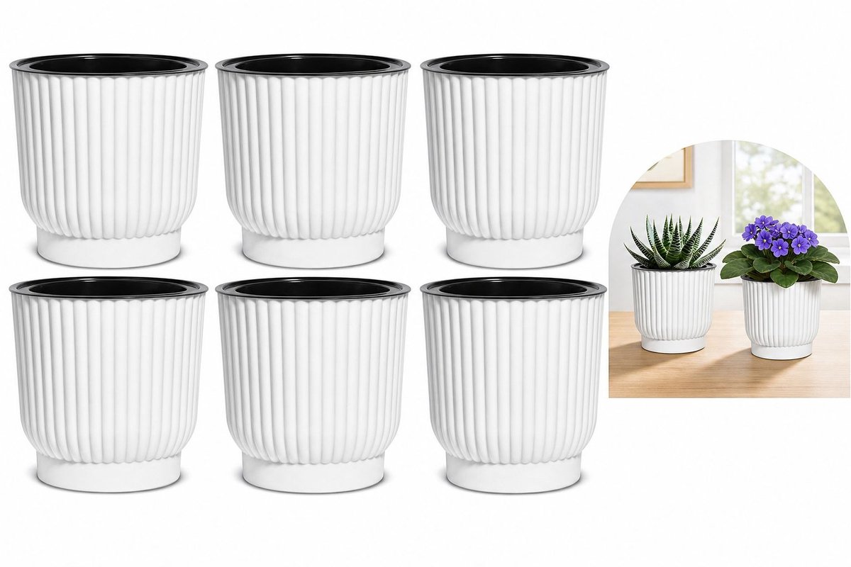 VHV - Zelfbewaterende Bloempot Set van 6 - 10 cm Plantenpot met Katoenen Lont - Wit voor Viooltjes, Kruiden en Vetplanten