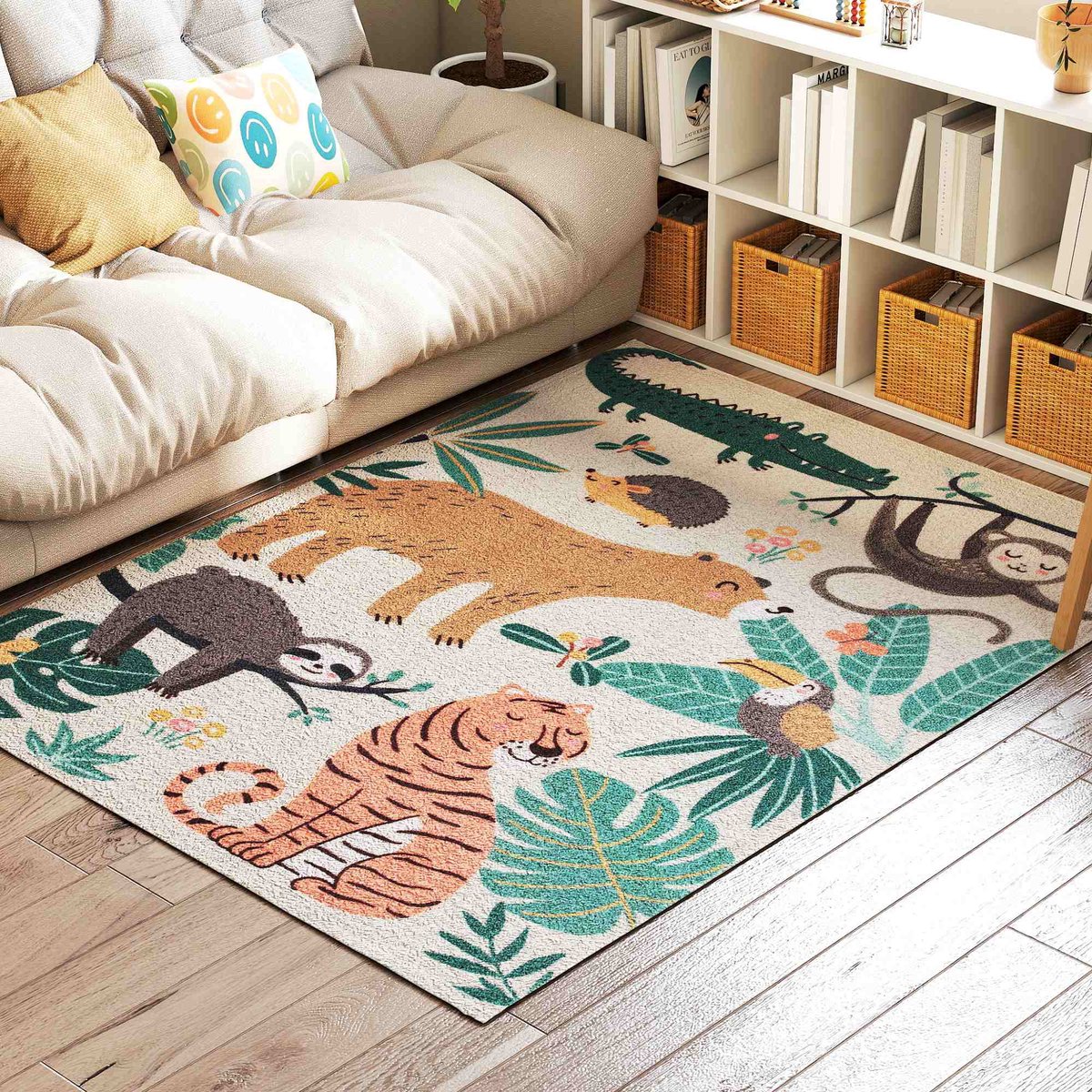 TEKROA® - Vloerkleed met Junglepatroon - Carpet -Tapijt - Antislip & Onderhoudsvriendelijk - Zacht Fleece -120 x 160 cm - Crèmewit
