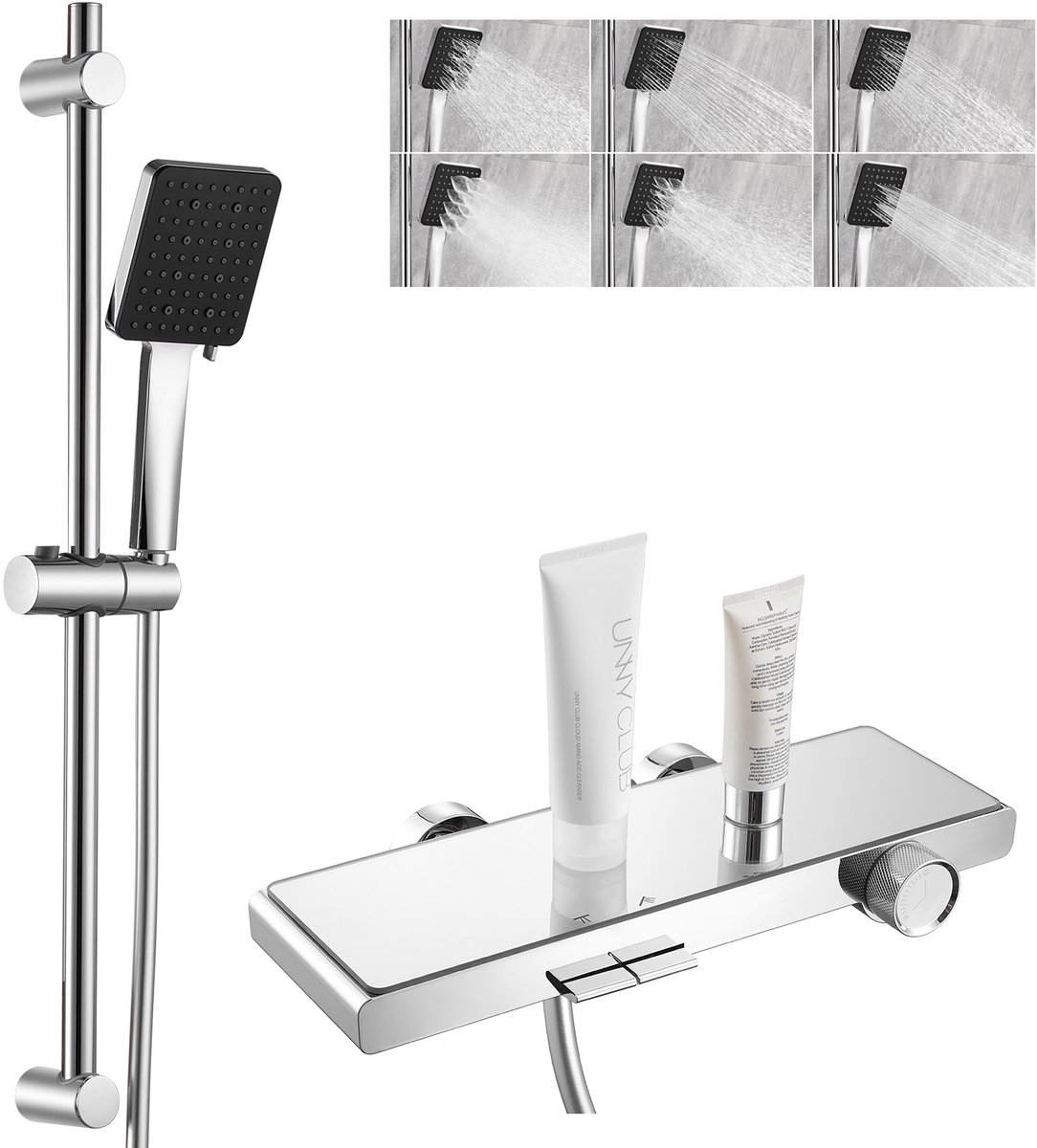 Auralum Max Badkraan Complete Doucheset - Piano Button Douchekraan - 2 Functies - 6 Straalstanden handdouche - Met 70 cm Glijstangset en Groot Plankje - Waterbesparend - Chroom