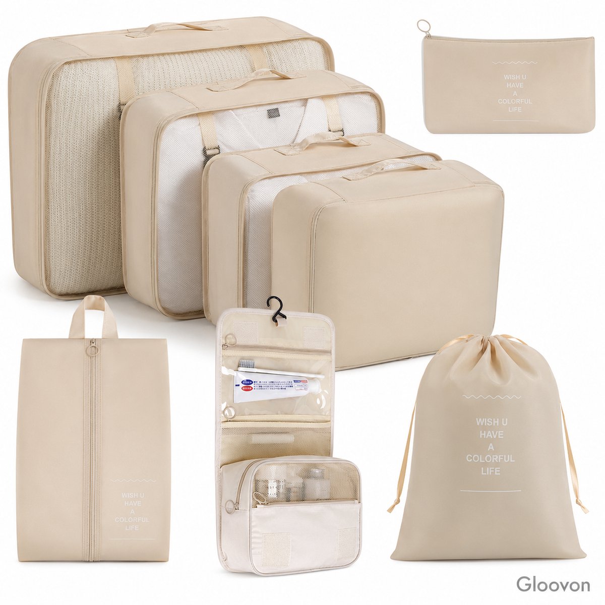 Gloovon Packing Cubes - Koffer Organizer Set - 8-delig - Kleding en Bagage Organizer - Inclusief Hangende Toilettas - Voor Koffer en Backpack - Beige