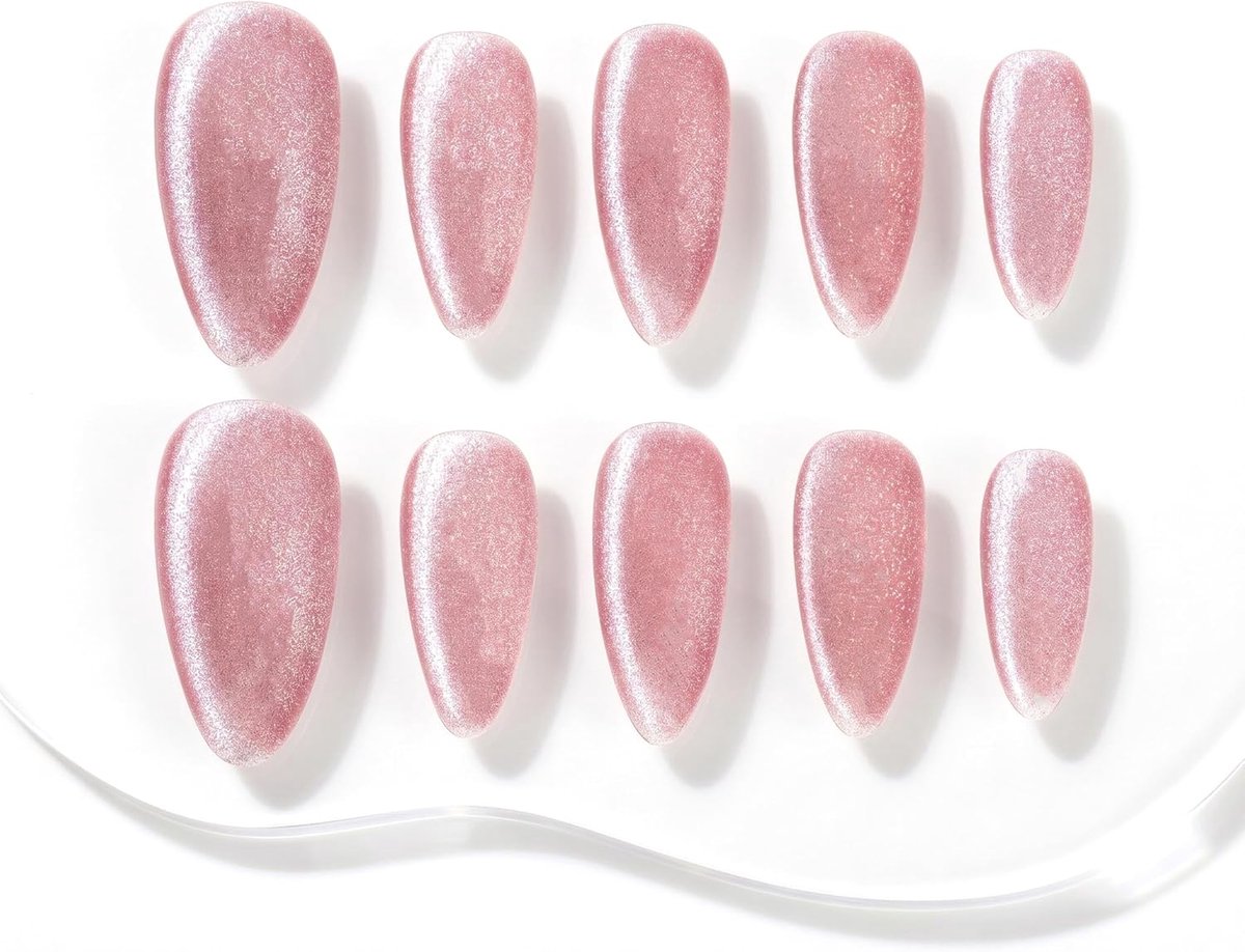 Sun&Beam Nails Handmade Press-on Medium Long Almond Fuchsia Pink Cat Eye Design Charming False Nail Tips 10 Pcs (#124 - ShopVlot