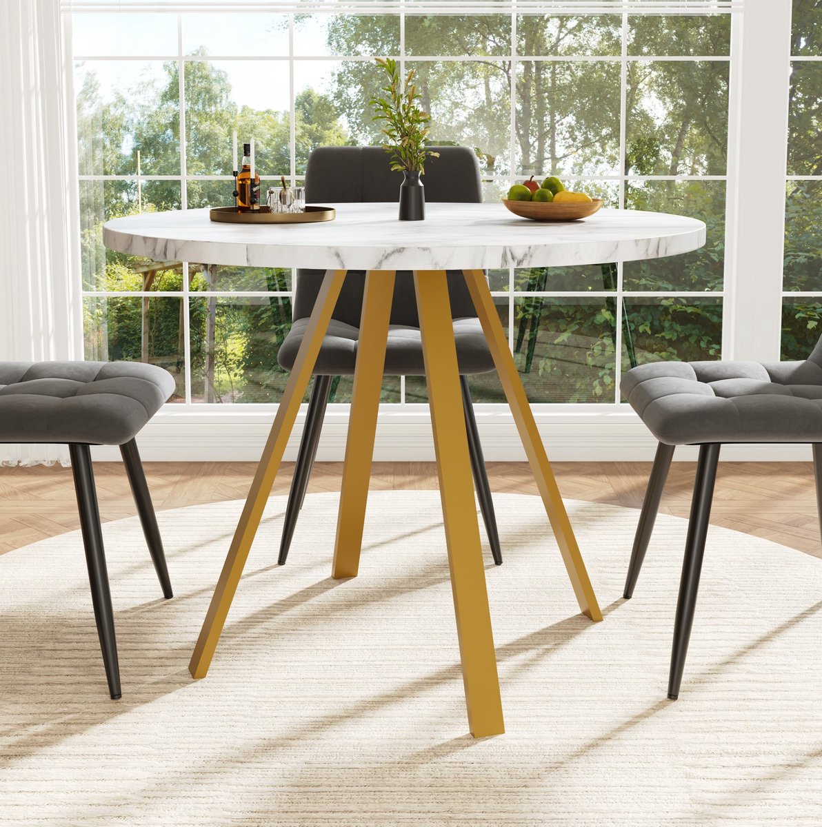 MEUNIQ ronde eetkamerset 5-delig 80 x 80 x 75 cm met 1 tafel en 4 stoelen, moderne eetset voor eetkamer of keuken in wit en goud