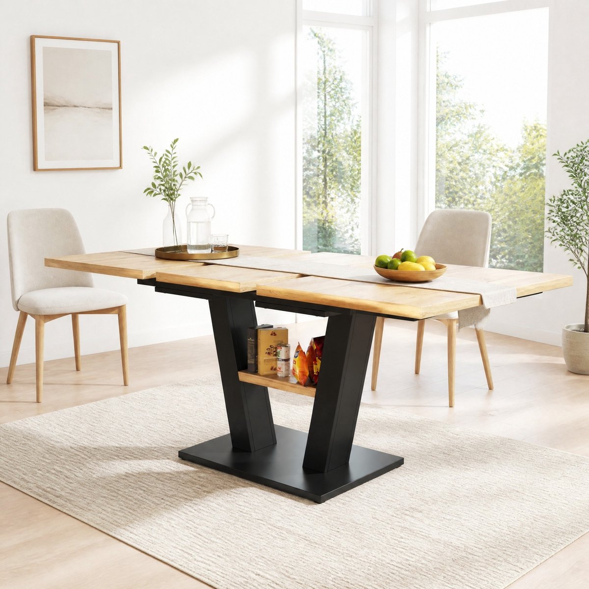 MEUNIQ Uitrekbare eettafel 118-157 x 70 x 75 cm MDF en metaal met V-poot, rechthoekige eettafel voor keuken en woonkamer, zwart en naturel