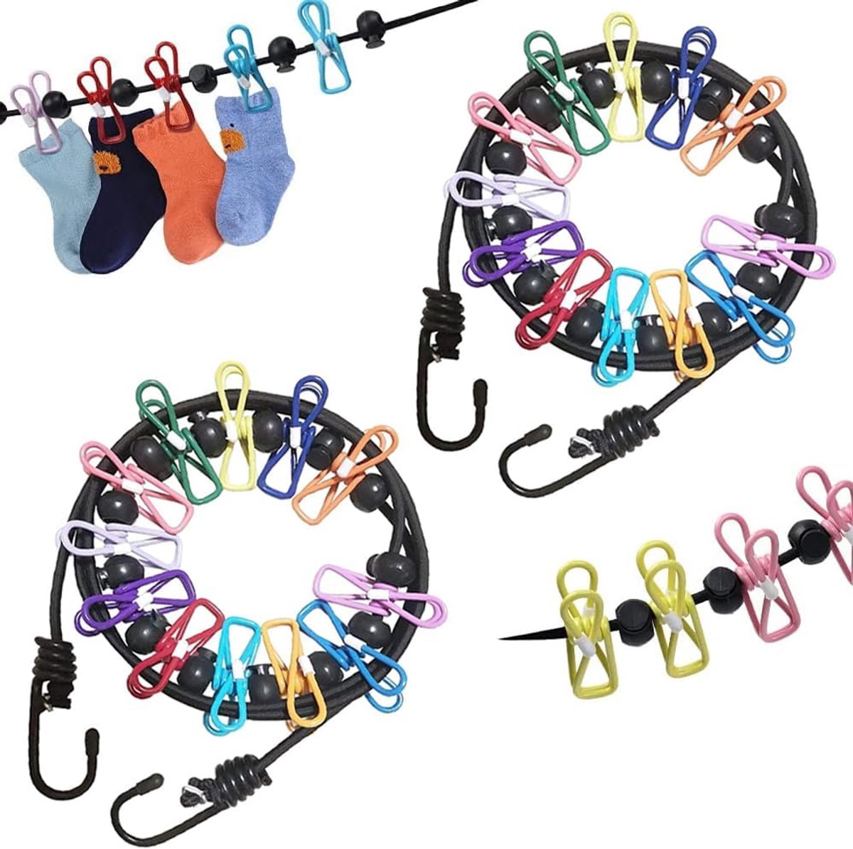 SnelShoppen - Portable Clothesline 2 Stuks - Elastische Reiswaslijn met 24 Kleurige Klammen - Outdoor Waslijn - Camping, Vakantie, Studentenhuis - 180