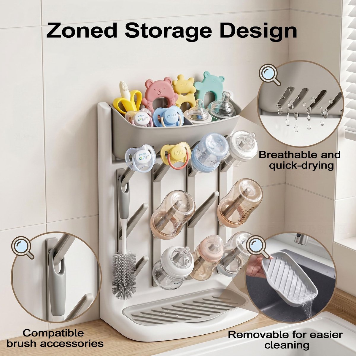 SnelShoppen - Droogrek Babyflessen - Verticale Flessendroger Houder - Ruimtebesparend Staand Afdruiprek voor Babyflessen en Babyaccessoires - Perfect