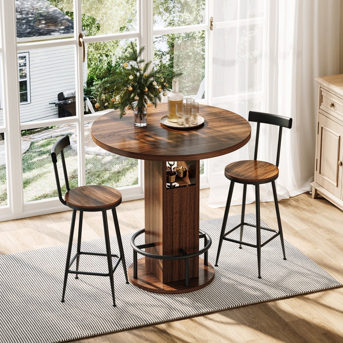 MEUNIQ bartafelset met 2 barkrukken, ronde tafel Ø80 cm met opbergruimte en metalen ringvoetsteun, walnootkleurige houtlook voor keuken, eetkamer of woonkamer