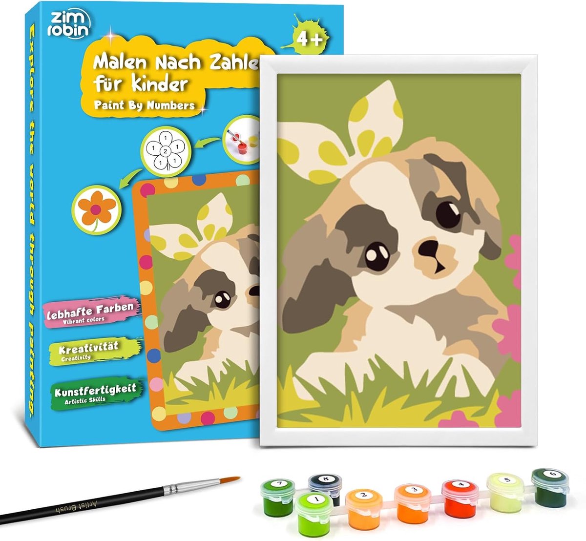 SnelShoppen - Schilderen op Nummer voor Kinderen 12x8 cm - Creatief Cadeau voor Jongens en Meisjes - Inclusief Penseel, Acrylverf en Lijst - Puppy met