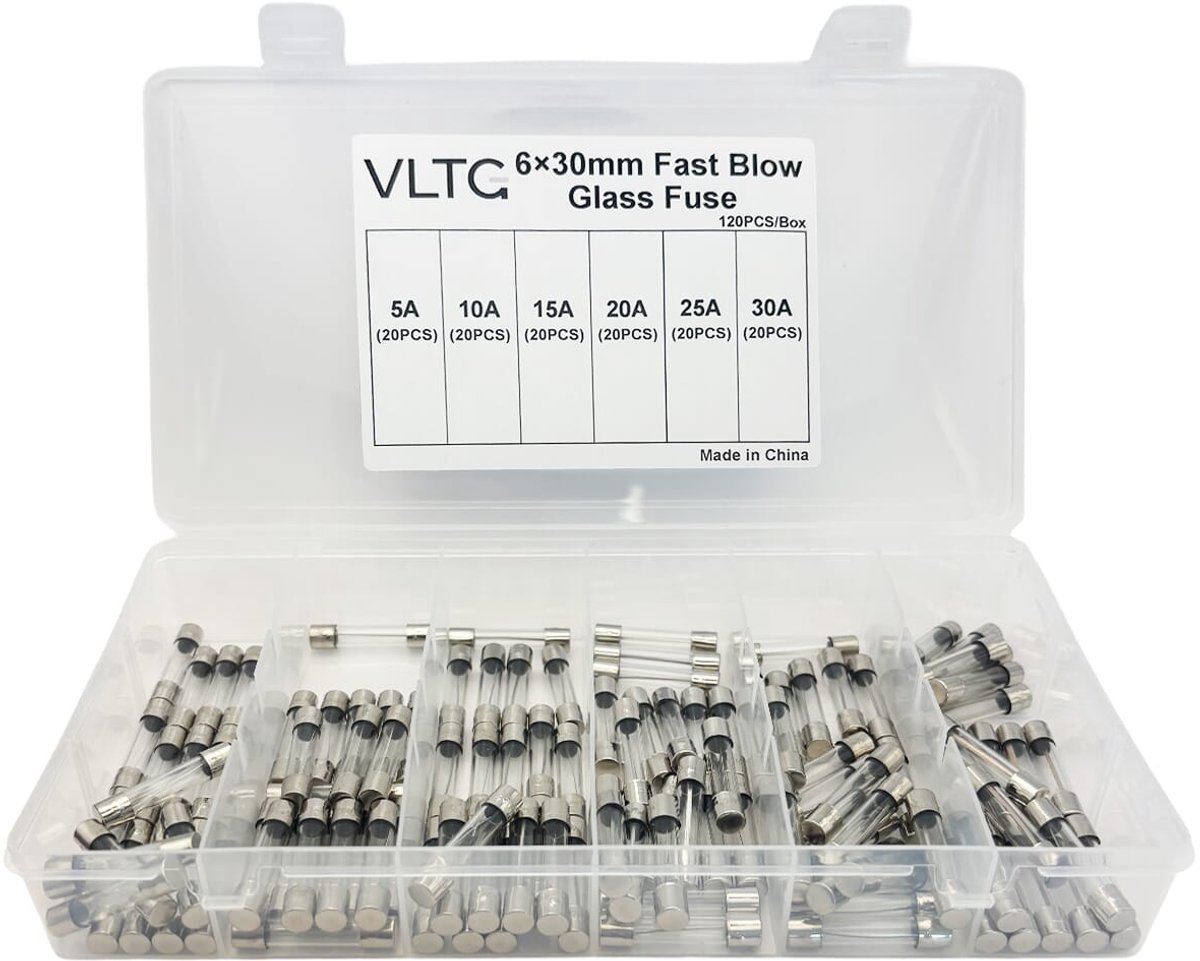 VLTG Glaszekering 6x30mm - Buiszekering - Snel (F) - 5A t/m 30A - Zekeringset 120 stuks