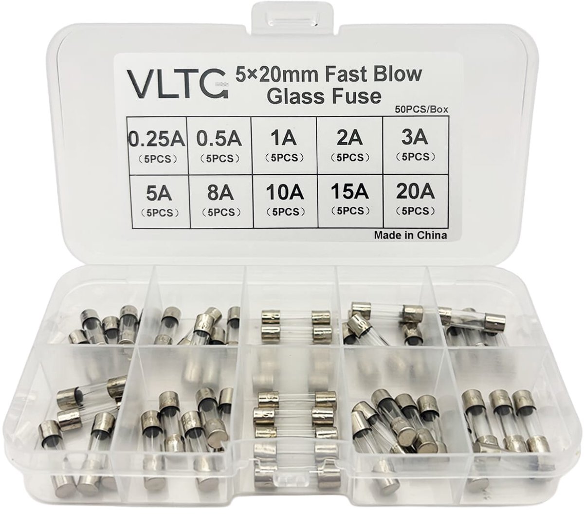 VLTG Glaszekering 5x20mm - Buiszekering - Snel (F) - 0.25A t/m 20A - Zekeringset 50 stuks