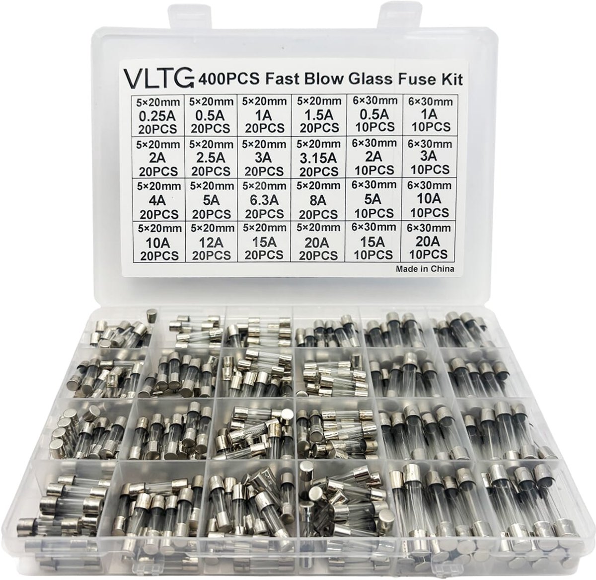 VLTG Glaszekering 5x20mm + 6x30mm - Buiszekering - Snel (F) - 0.25A t/m 20A - Zekeringset 400 stuks