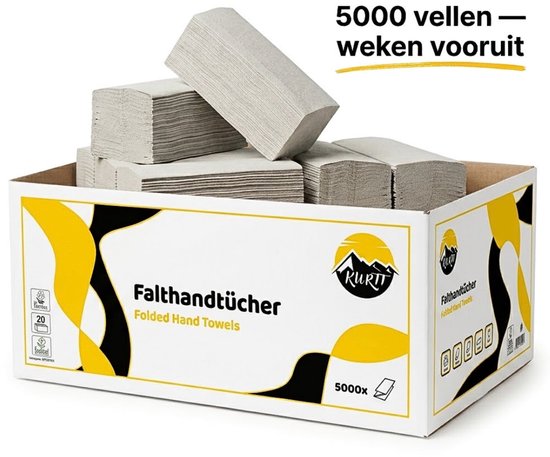 Doos met 5000 vellen lichtgrijze, gerecyclede papieren handdoekjes.