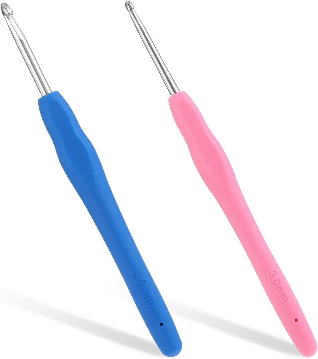 Ergonomische Haaknaalden Set van 2 - 4mm en 3mm Haken met Kleurige TPR Grip voor Beginners en Handwerken met Artritis