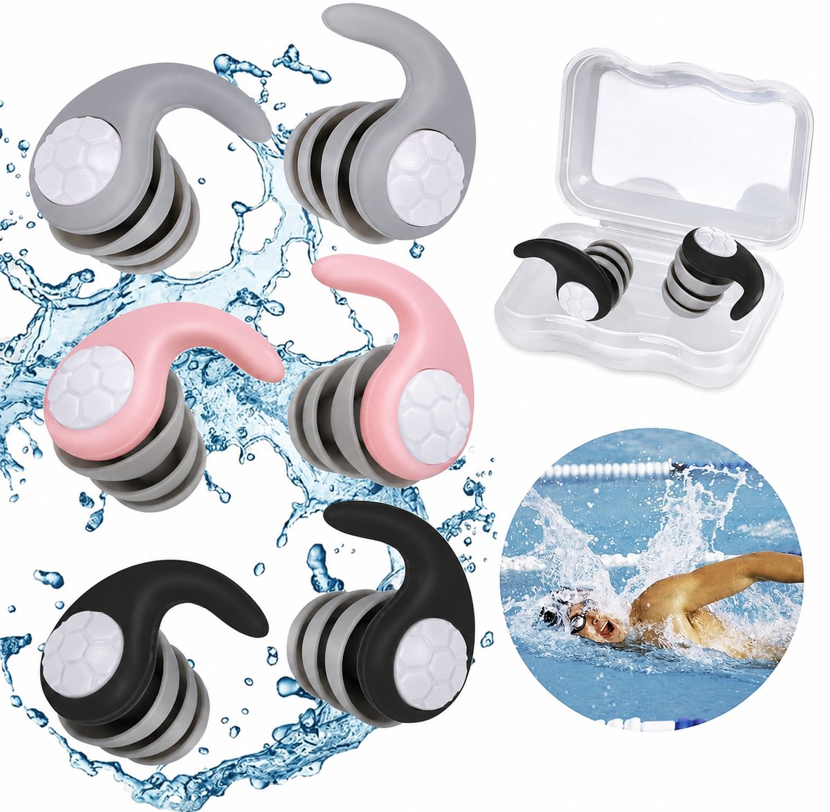 Zwemoordopjes voor Volwassenen & kinderen – 3 Paar – One Size – Waterdichte Siliconen Oordopjes – Herbruikbare Oordopjes – Voor Zwemmen, Douchen, Surfen & Baden – Inclusief Opbergdoosje