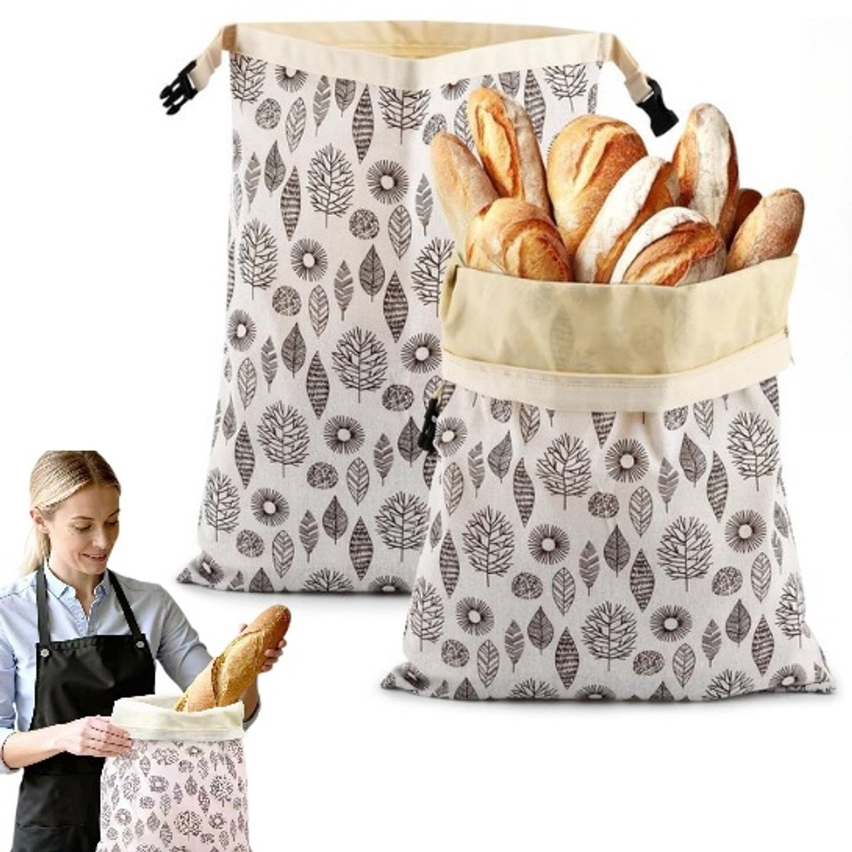 2 Stuks Herbruikbare Broodtassen van Natuurlijke Bijenwas 43x33cm, Ademende Katoenen Bewaartassen voor Brood en Gebak, Milieuvriendelijke Bewaaroplossing voor Vers Gebakken Brood, Met Sluiting voor Lucht- en Vochtbestendigheid
