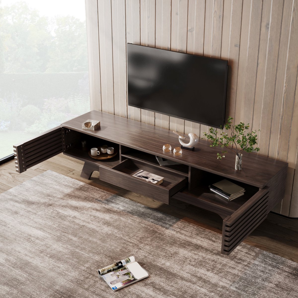 Tv meubel 150x35x44 cm - met lade - tv-paneel - lage kast - retro houtkleur