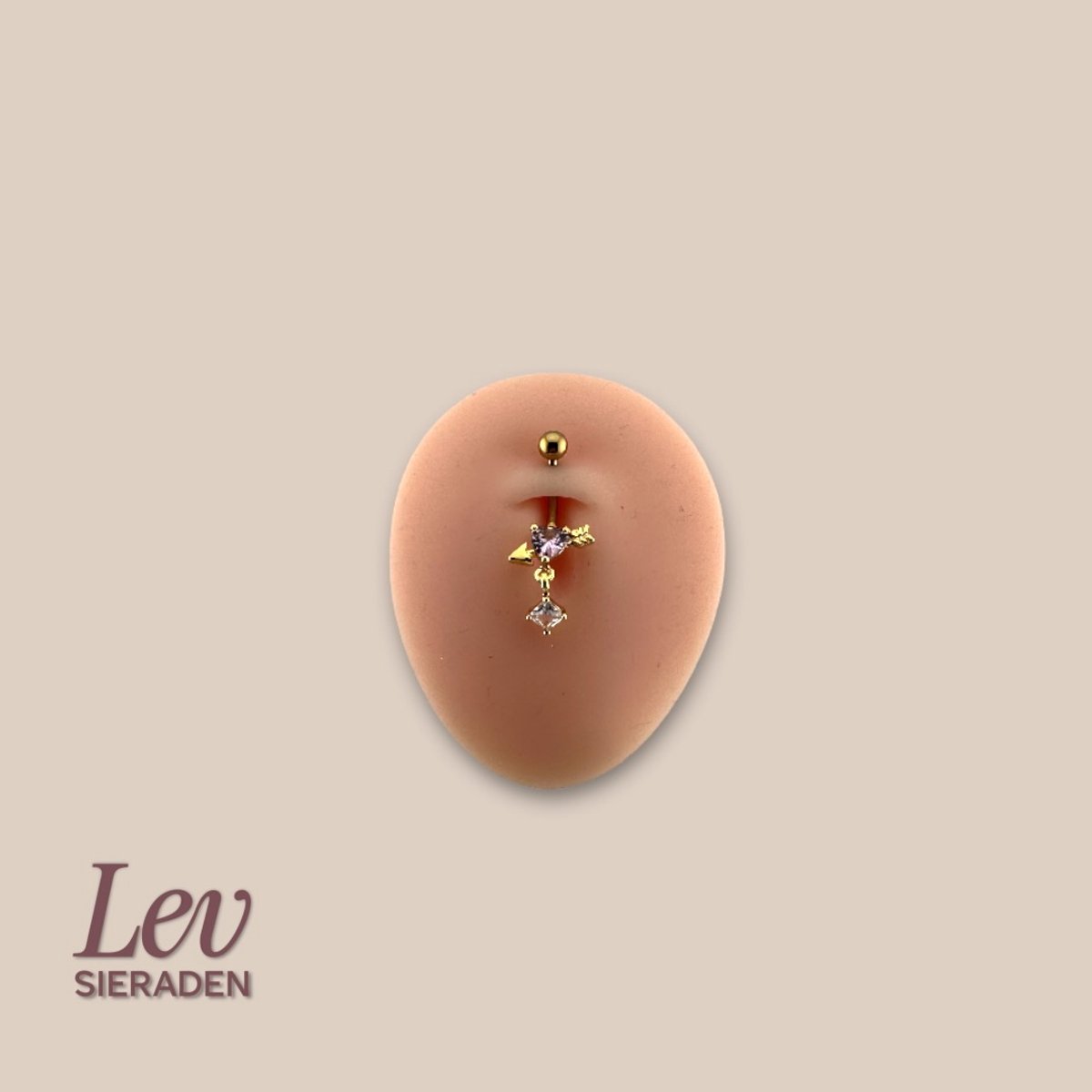 Lev Sieraden - 1.6x10mm Hartje en pijl met zirkonia hanger - navel piercing - Goud kleurig - Titanium - extern geschroefd
