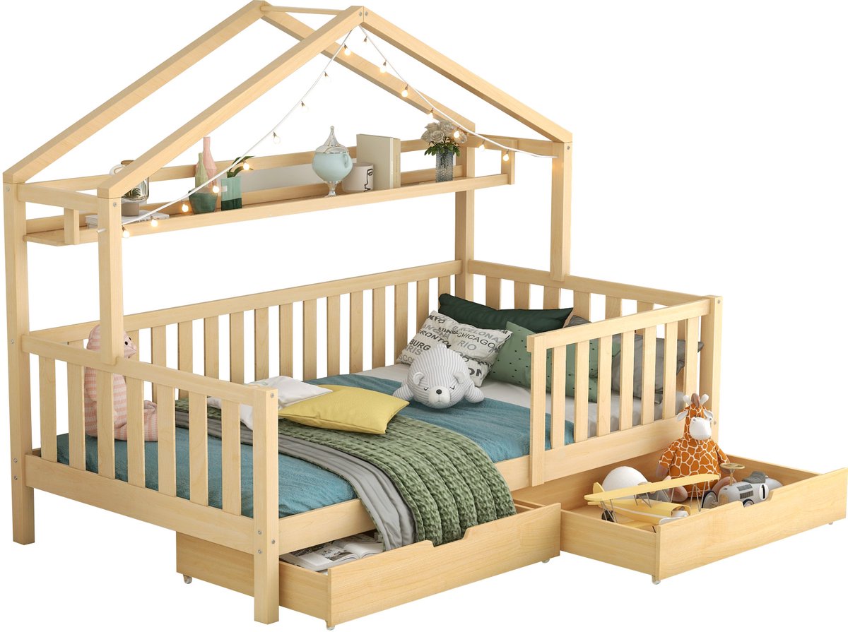 inderbed 90x200 cm - Huisbed van massief grenenhout met lades - Kinderbed met lattenbodem - Speels ontwerp voor kinderkamer - Natuurlijke kleur