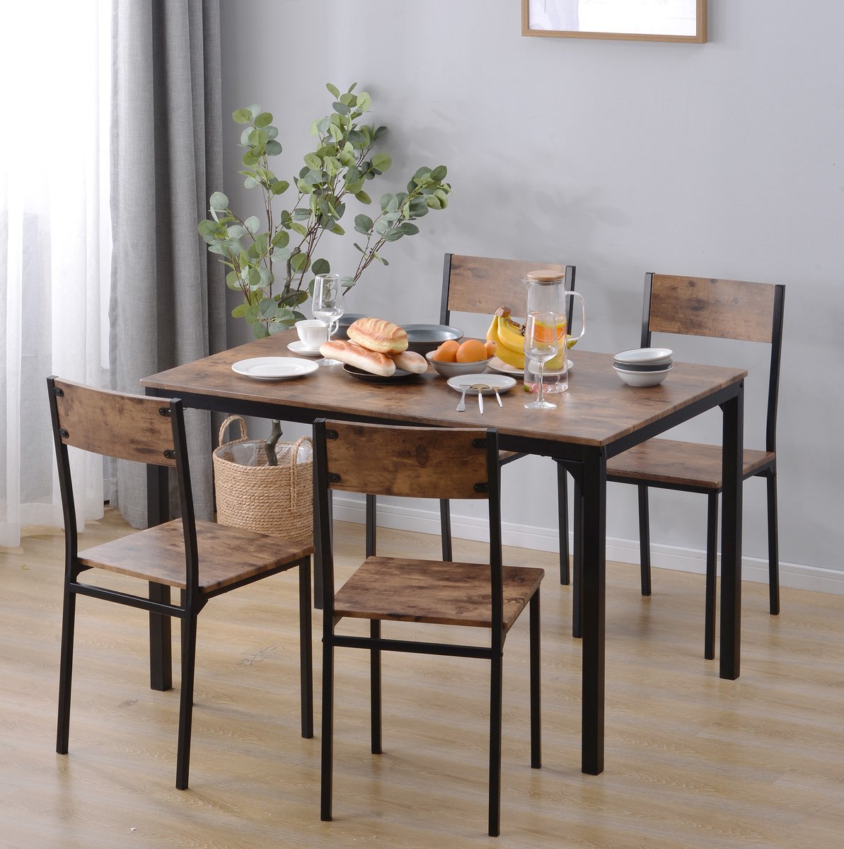 MEUNIQ eettafelset met 4 stoelen, rechthoekige eettafel 108 x 65 x 75 cm, houtlook met metalen frame, voor eetkamer, woonkamer of balkon, bruin