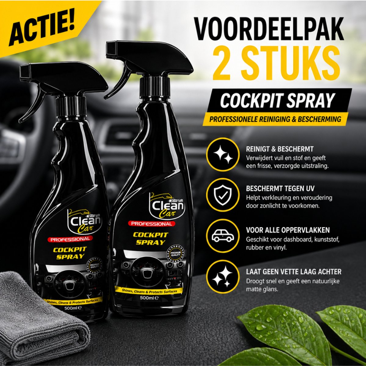 Clean Car Cockpit Spray – 2 x 500 ml met 2 Poetsdoeken - Dashboardreiniger – Kunststof Reiniger – Antistatisch – Auto Interieurverzorging – Voordeelverpakking – foto 3