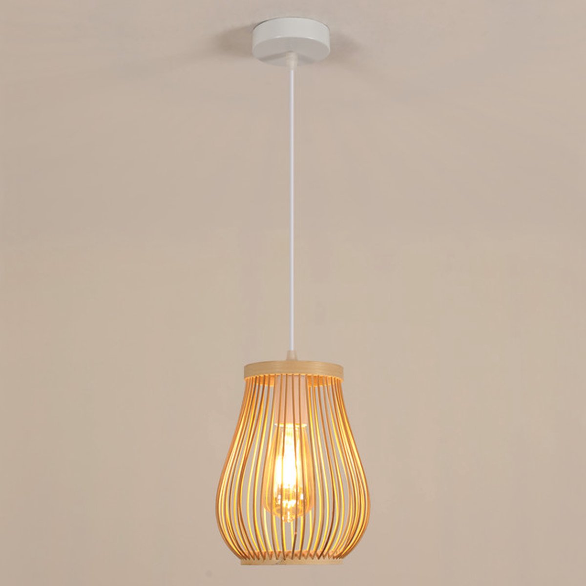 Riserva Rotan Hanglamp - E27 Fitting - Houtkleur/Wit - Vintage Landelijke Hanglamp - Max. 60W - voor Eetkamer, Keuken en Woonkamer