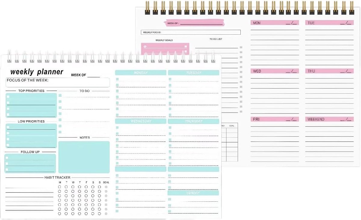 SnelShoppen - Weekkalender 2 stuks - Spiraalgebonden To-Do-Lijst Blok A4 - Ongedateerde Weekplanner Roze - Ideaal voor Studie en Werk - Water- en Vuil