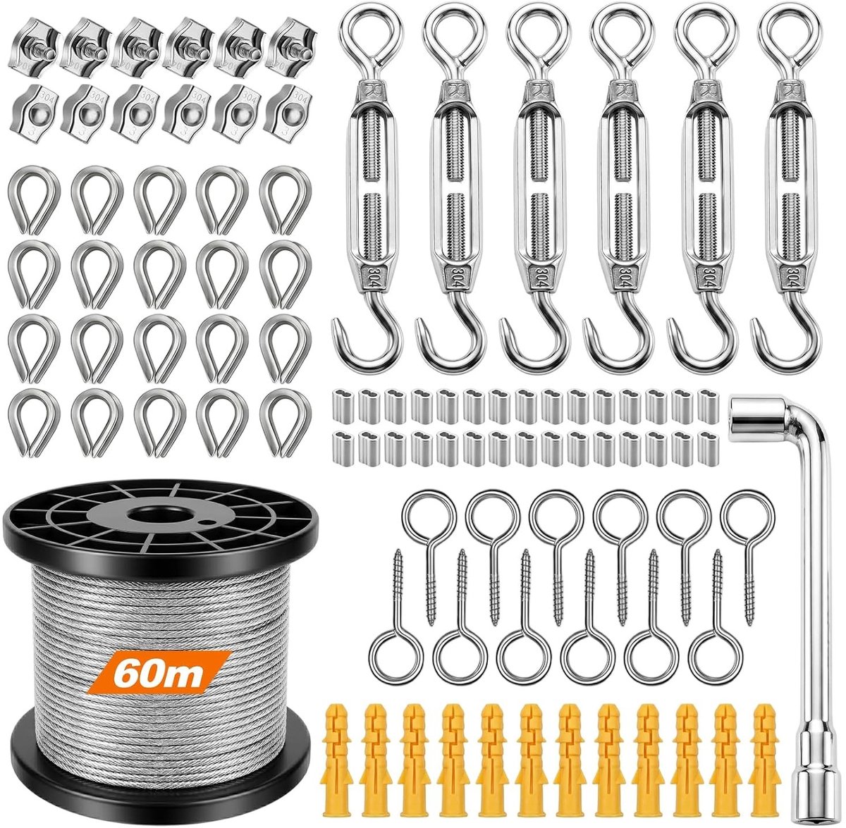 Set van 94 stuks 2 mm RVS draad met 60 m touw, turnbuckles, klemmen en drukmoffen voor tuin, klimplanten en kledinglijn