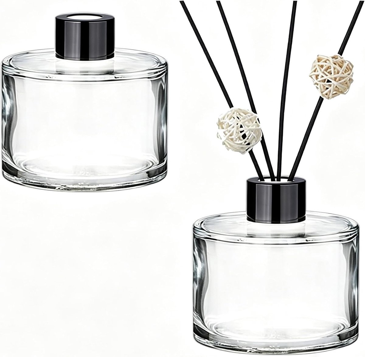 2 Stuks Ronde Glazen Diffuser Flesjes met Zwarte Doppen - 50ml Herbruikbare Aromatherapie Flesjes voor Etherische Olie - ShopVlot