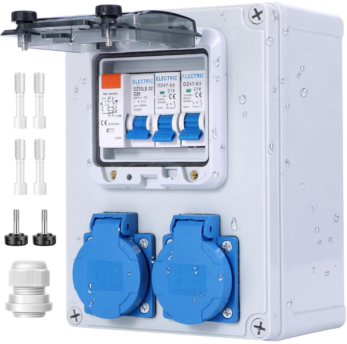 SnelShoppen - VAYALT Wandverdeler 25A Bouwstroomverdeler met FI-schakelaar, 2x230V Schuko stopcontact, IP67 Waterdicht, Voor Camping en Tuin