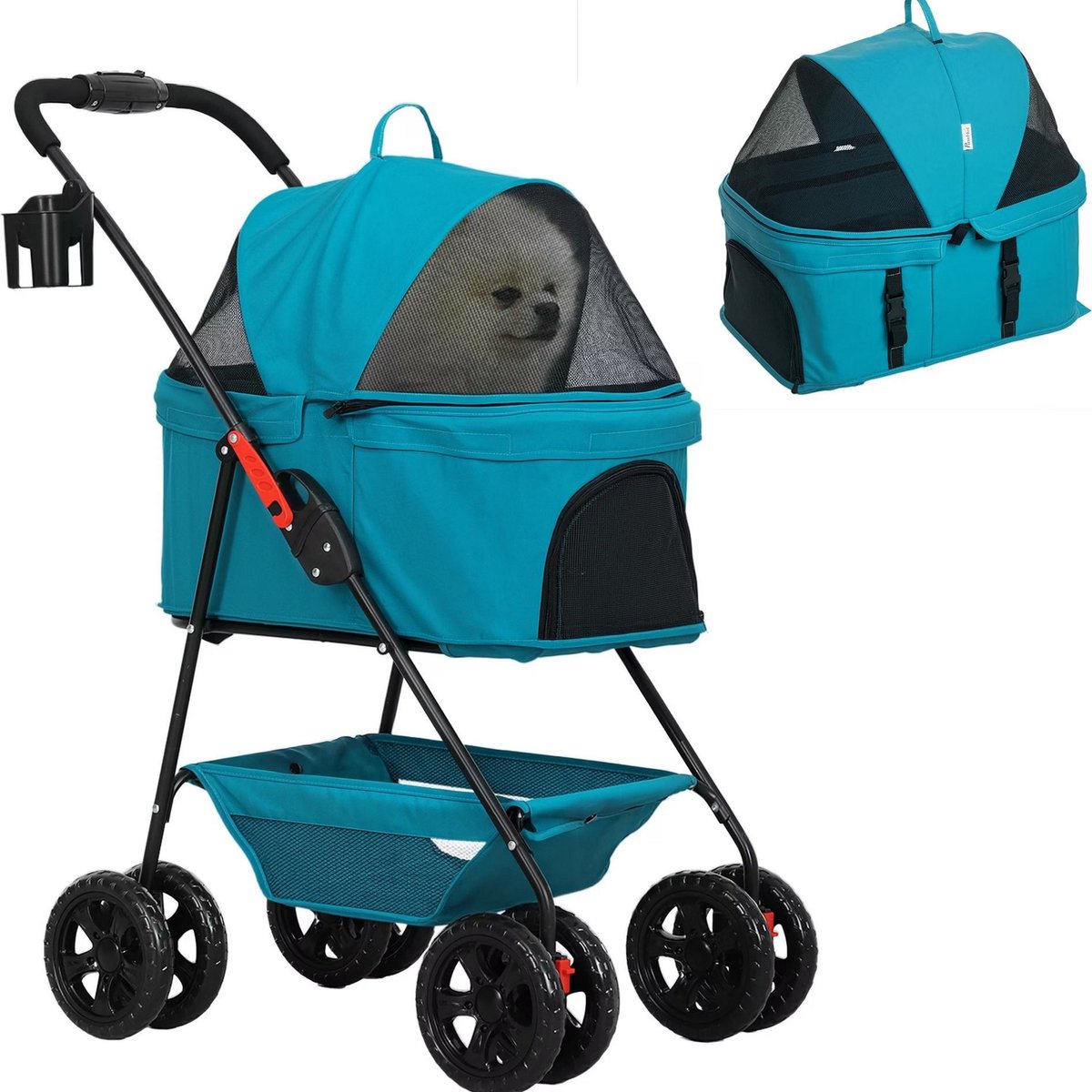 3-in-1 Hondenbuggy – Opvouwbare Hondenbench & Transporttas – Veldgroen/Turquoise