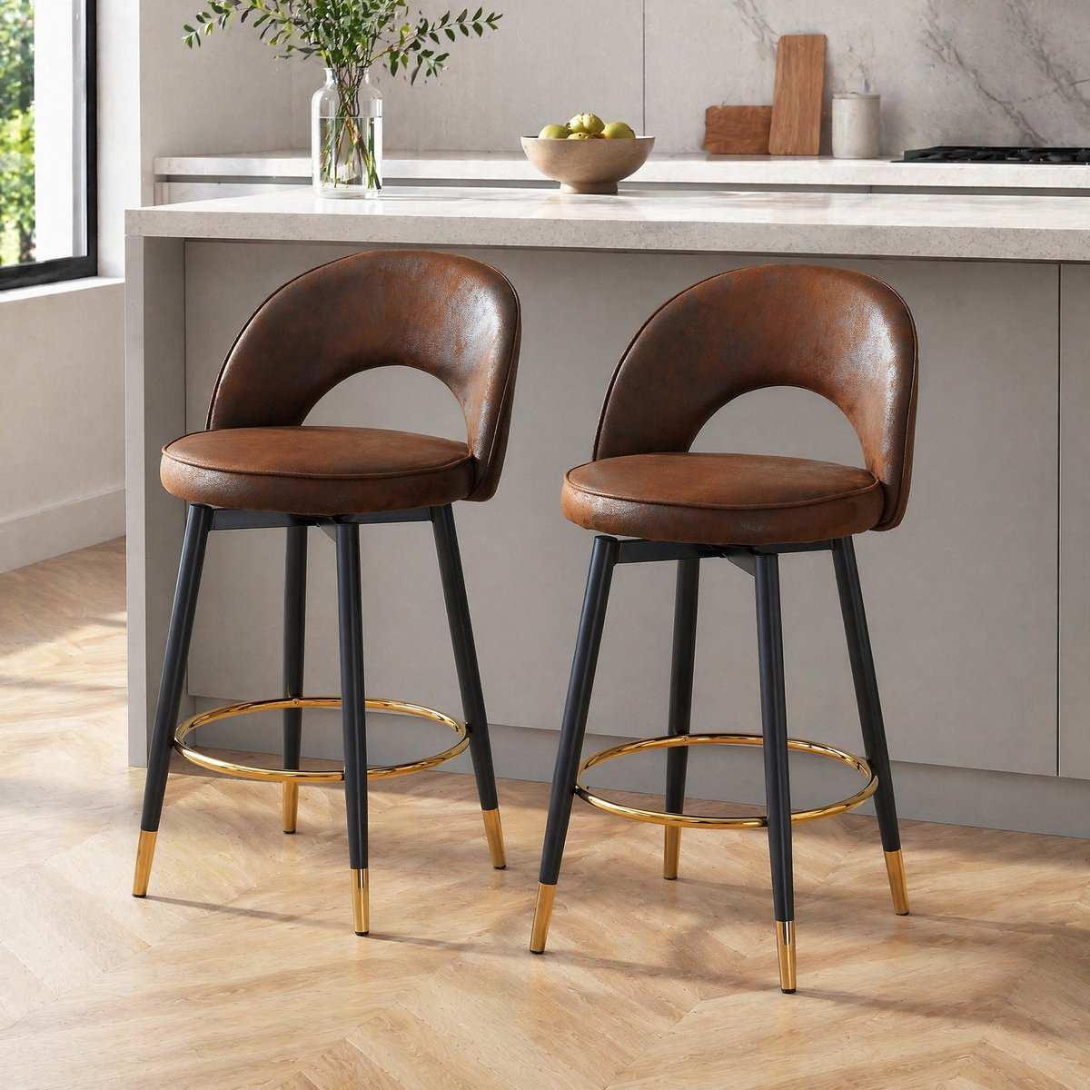 MEUNIQ barkruk set van 2, 360° draaibaar, met rugleuning en gepolsterde zitting, technologische stof en metalen poten, bruin/zwart voor bar en keuken Brown+Black